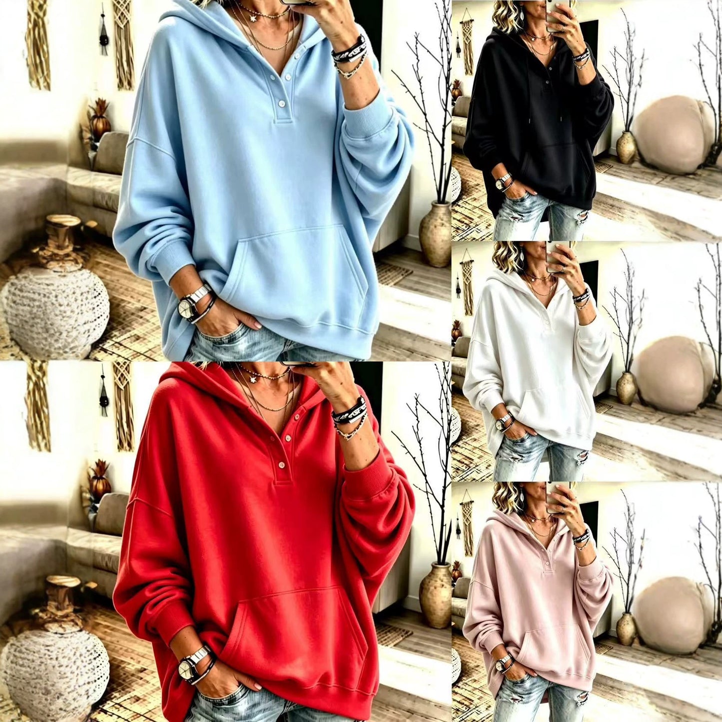 2026 New Cross-Border European And American Independent Station Women'S Hooded Sweatshirt Autumn And Winter Loose Solid Color Casual Long-Sleeved Tops For Women