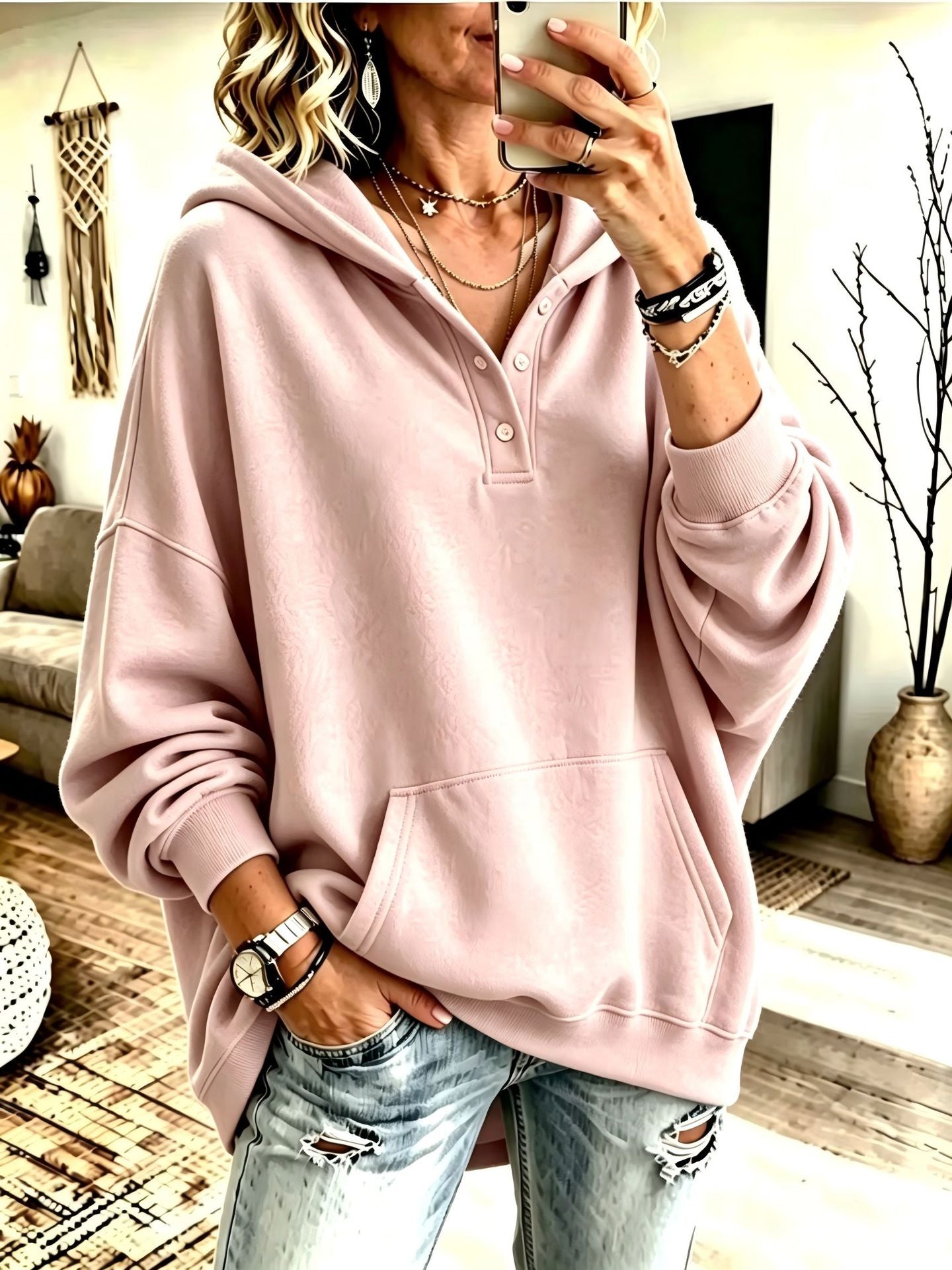 2026 New Cross-Border European And American Independent Station Women'S Hooded Sweatshirt Autumn And Winter Loose Solid Color Casual Long-Sleeved Tops For Women