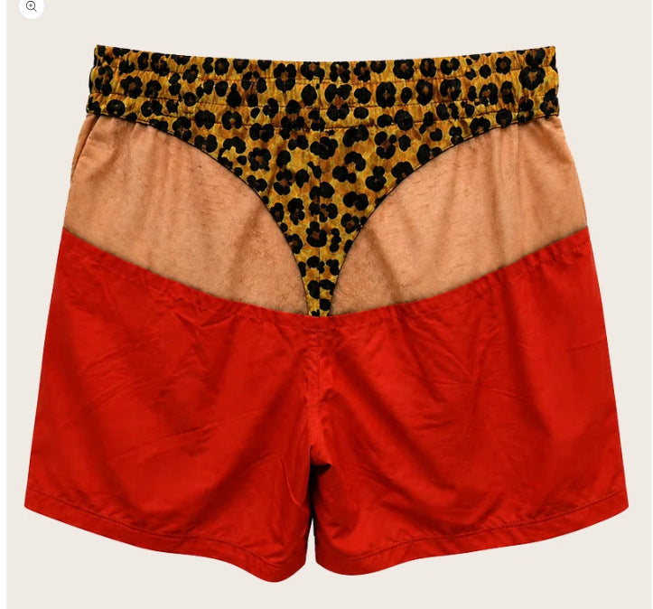 Funny Leopard‑Print Fake Denim Swim Shorts | Novelty Illusion Beach Trunks