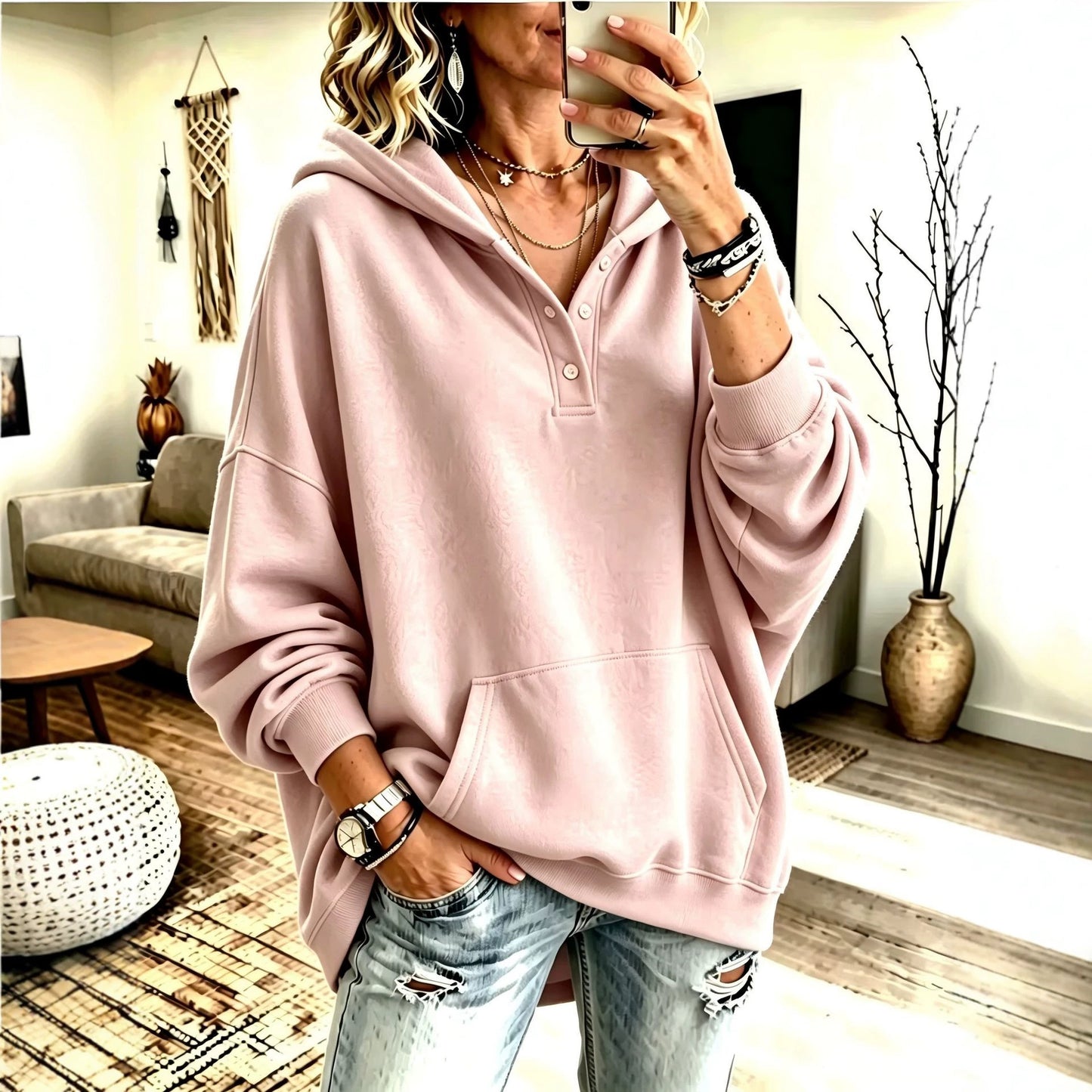 2026 New Cross-Border European And American Independent Station Women'S Hooded Sweatshirt Autumn And Winter Loose Solid Color Casual Long-Sleeved Tops For Women