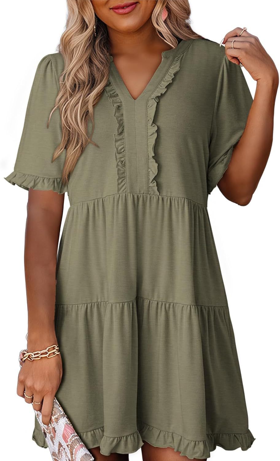 🔥🌈2026 Summer Hot Sale 49% OFF🌈Women's V Neck Ruffle Casual A-Line Flowy Swing Shift Dress