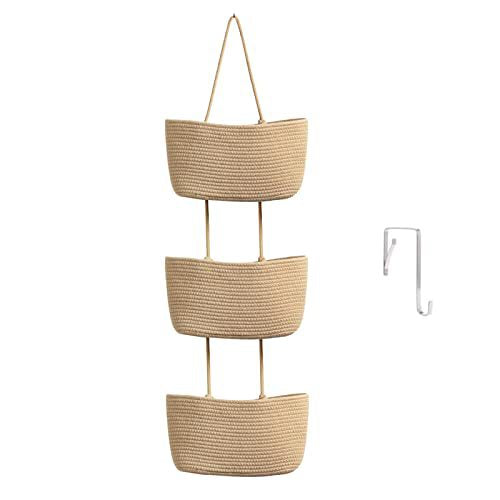 🎁Free 4 hooks included 🧺Woven cotton 3-Tier Over the Door Basket, Wall-Mounted Jute Storage Organizer🔥