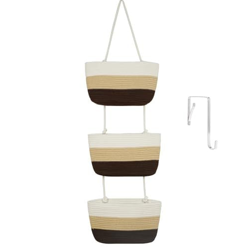 🎁Free 4 hooks included 🧺Woven cotton 3-Tier Over the Door Basket, Wall-Mounted Jute Storage Organizer🔥