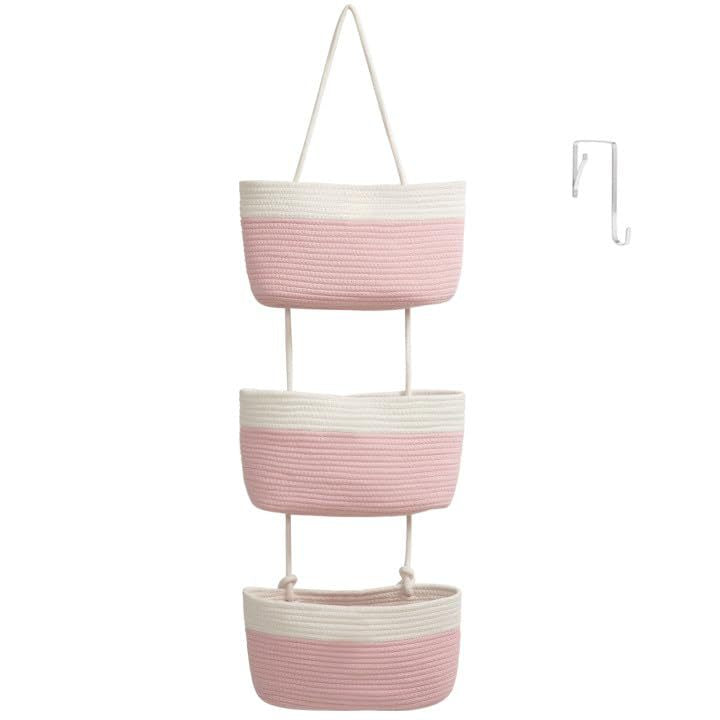🎁Free 4 hooks included 🧺Woven cotton 3-Tier Over the Door Basket, Wall-Mounted Jute Storage Organizer🔥