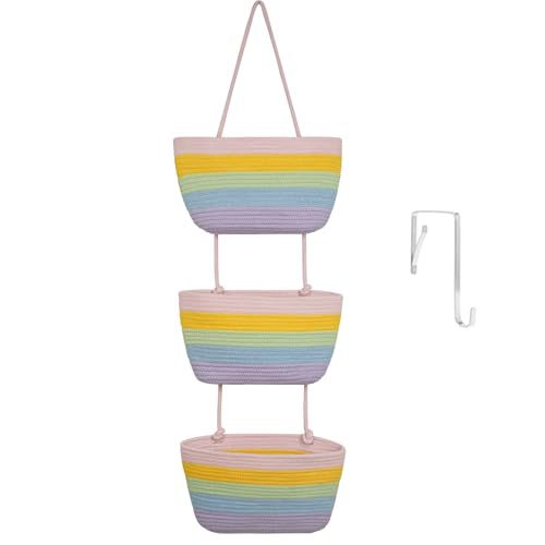 🎁Free 4 hooks included 🧺Woven cotton 3-Tier Over the Door Basket, Wall-Mounted Jute Storage Organizer🔥