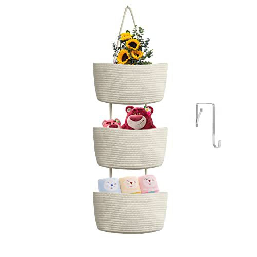 🎁Free 4 hooks included 🧺Woven cotton 3-Tier Over the Door Basket, Wall-Mounted Jute Storage Organizer🔥