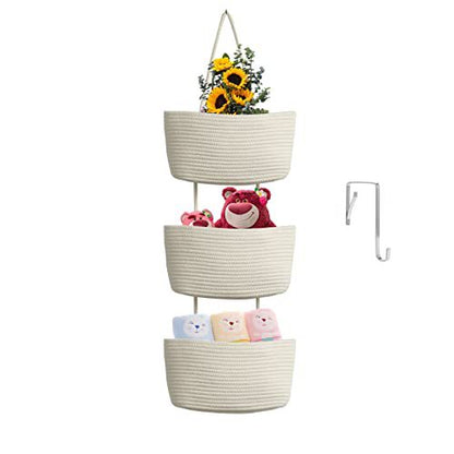 🎁Free 4 hooks included 🧺Woven cotton 3-Tier Over the Door Basket, Wall-Mounted Jute Storage Organizer🔥