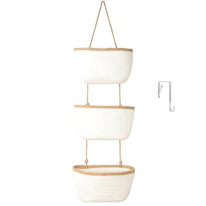 🎁Free 4 hooks included 🧺Woven cotton 3-Tier Over the Door Basket, Wall-Mounted Jute Storage Organizer🔥