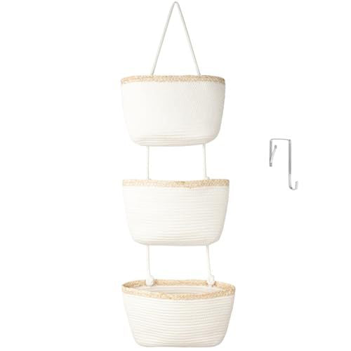 🎁Free 4 hooks included 🧺Woven cotton 3-Tier Over the Door Basket, Wall-Mounted Jute Storage Organizer🔥