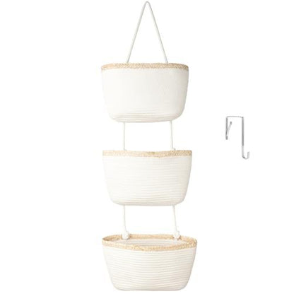 🎁Free 4 hooks included 🧺Woven cotton 3-Tier Over the Door Basket, Wall-Mounted Jute Storage Organizer🔥