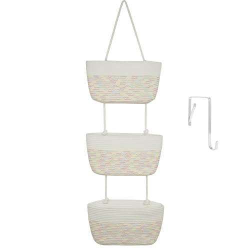 🎁Free 4 hooks included 🧺Woven cotton 3-Tier Over the Door Basket, Wall-Mounted Jute Storage Organizer🔥