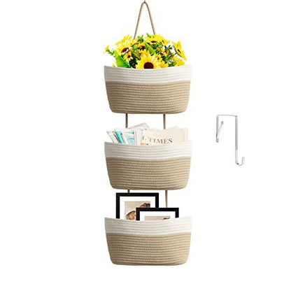 🎁Free 4 hooks included 🧺Woven cotton 3-Tier Over the Door Basket, Wall-Mounted Jute Storage Organizer🔥