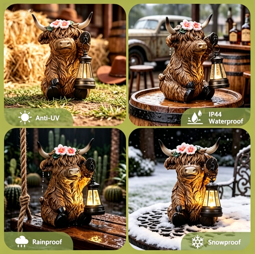 Scottish Fluffy Cow Solar Garden Lantern, Farmhouse Resin Sculpture with Amber LED, Weatherproof, Rustic Farm Decor Gift
