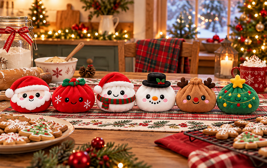 Christmas dumpling characters displayed in a festive home