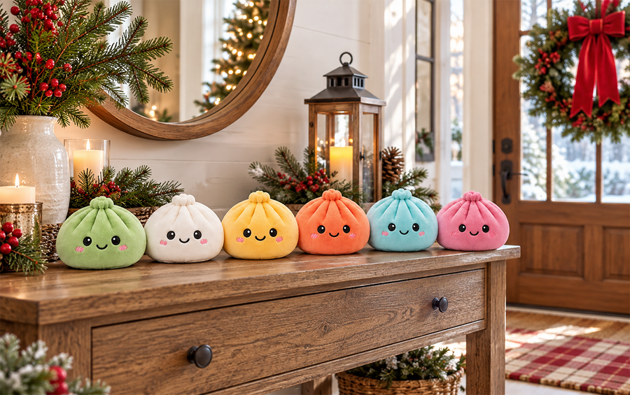 Colorful dumpling collectibles displayed on a table