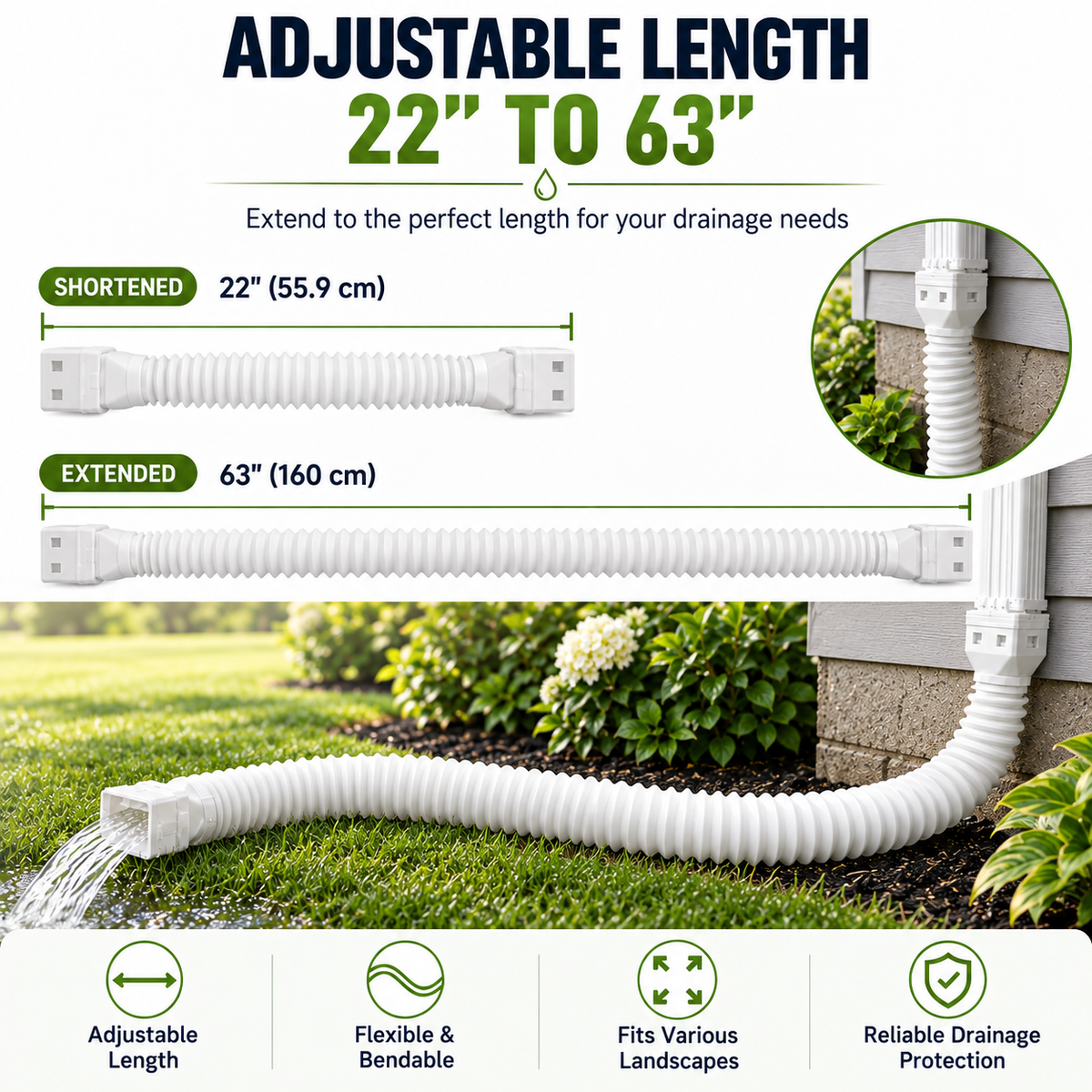 🏡 Flexible Rain Gutter Downspout Extension Kit  – Adjustable 22'-63' Drain Pipe with Leaf Filter for Foundation Protection