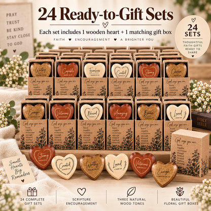 ✝️💛 God Says You Are – 24 Christian Wooden Heart Pocket Hug Gift Set