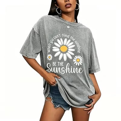 Women's Summer T-Shirt: Sunshine Graphic,solid colors, Double Stitching, Breathable, Loose Fit, Casual Basic Tee for Daily Wear💗