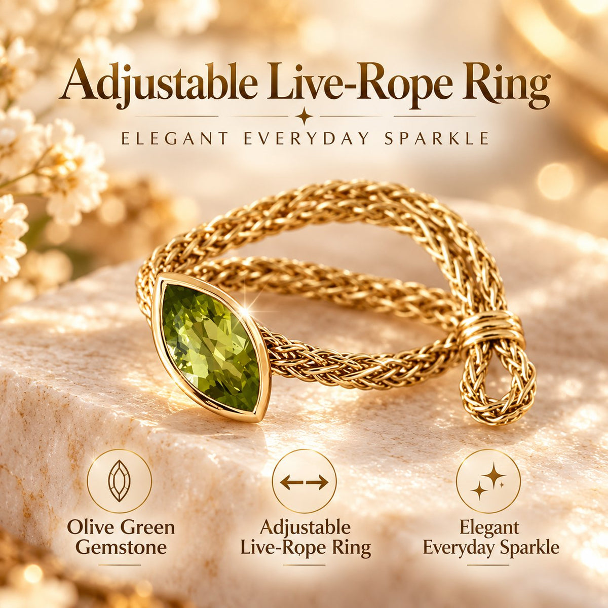 ✨ Adjustable Olive Green Gemstone Live-Rope Ring