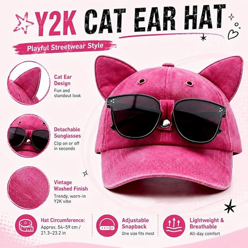 🧢Y2K Cat Ear Trucker Hat with Detachable Sunglasses Vintage