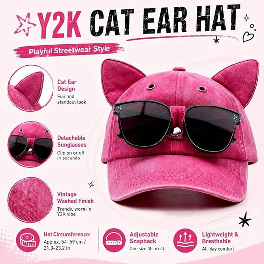 🧢Y2K Cat Ear Trucker Hat with Detachable Sunglasses Vintage