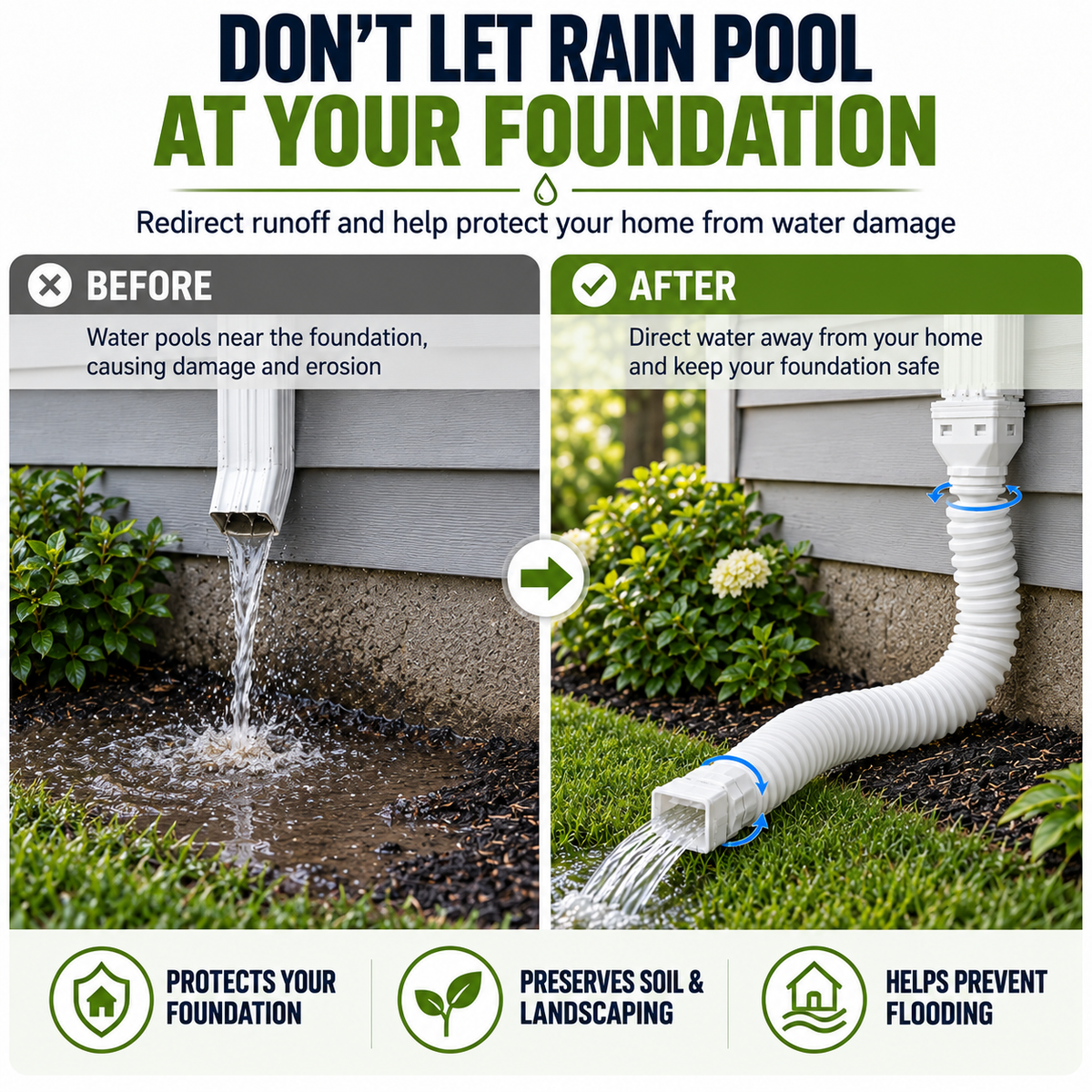 🏡 Flexible Rain Gutter Downspout Extension Kit  – Adjustable 22'-63' Drain Pipe with Leaf Filter for Foundation Protection
