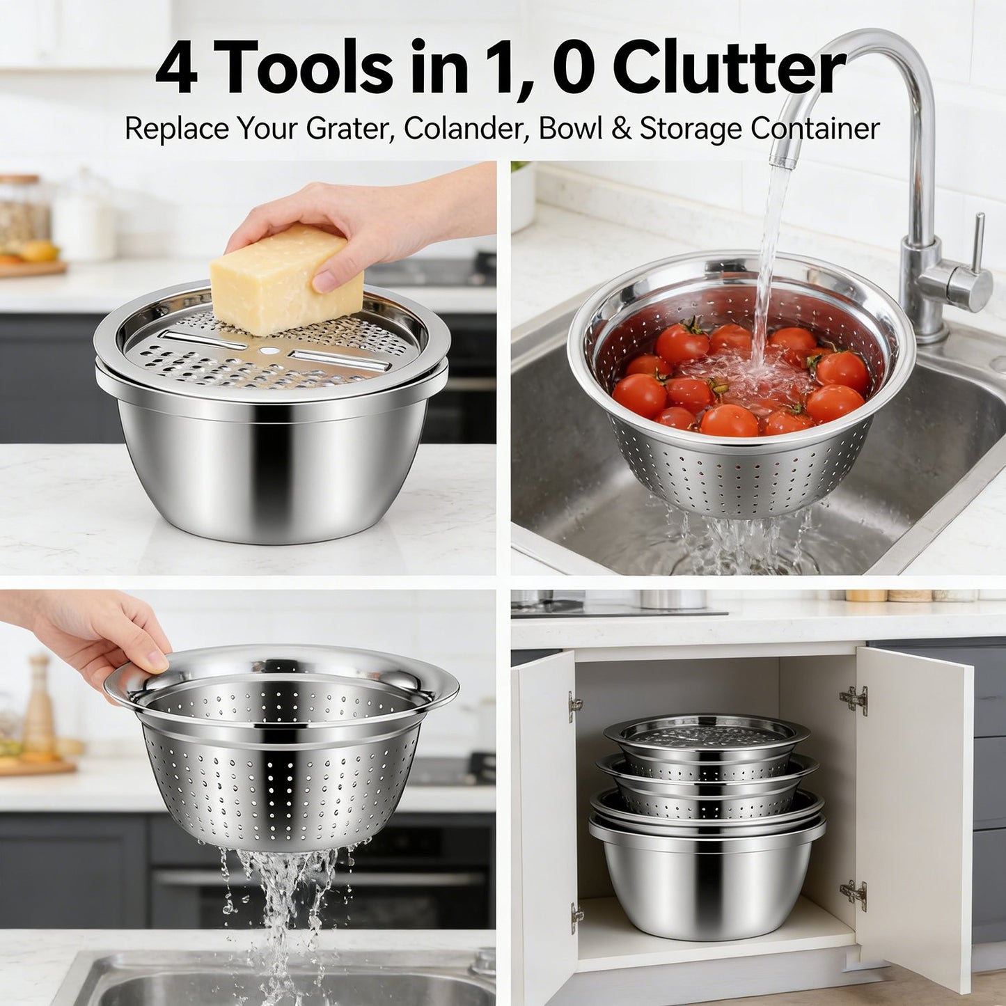 🍴 German Quality 3-in-1 Stainless Steel Grater Bowl