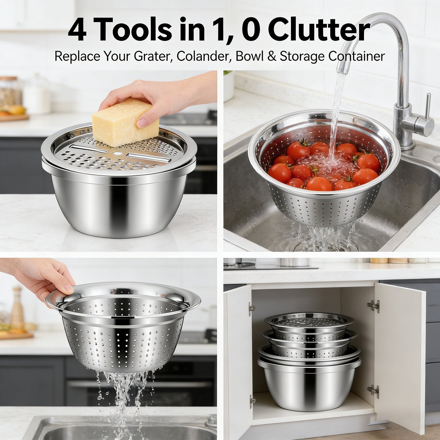 🍴 German Quality 3-in-1 Stainless Steel Grater Bowl