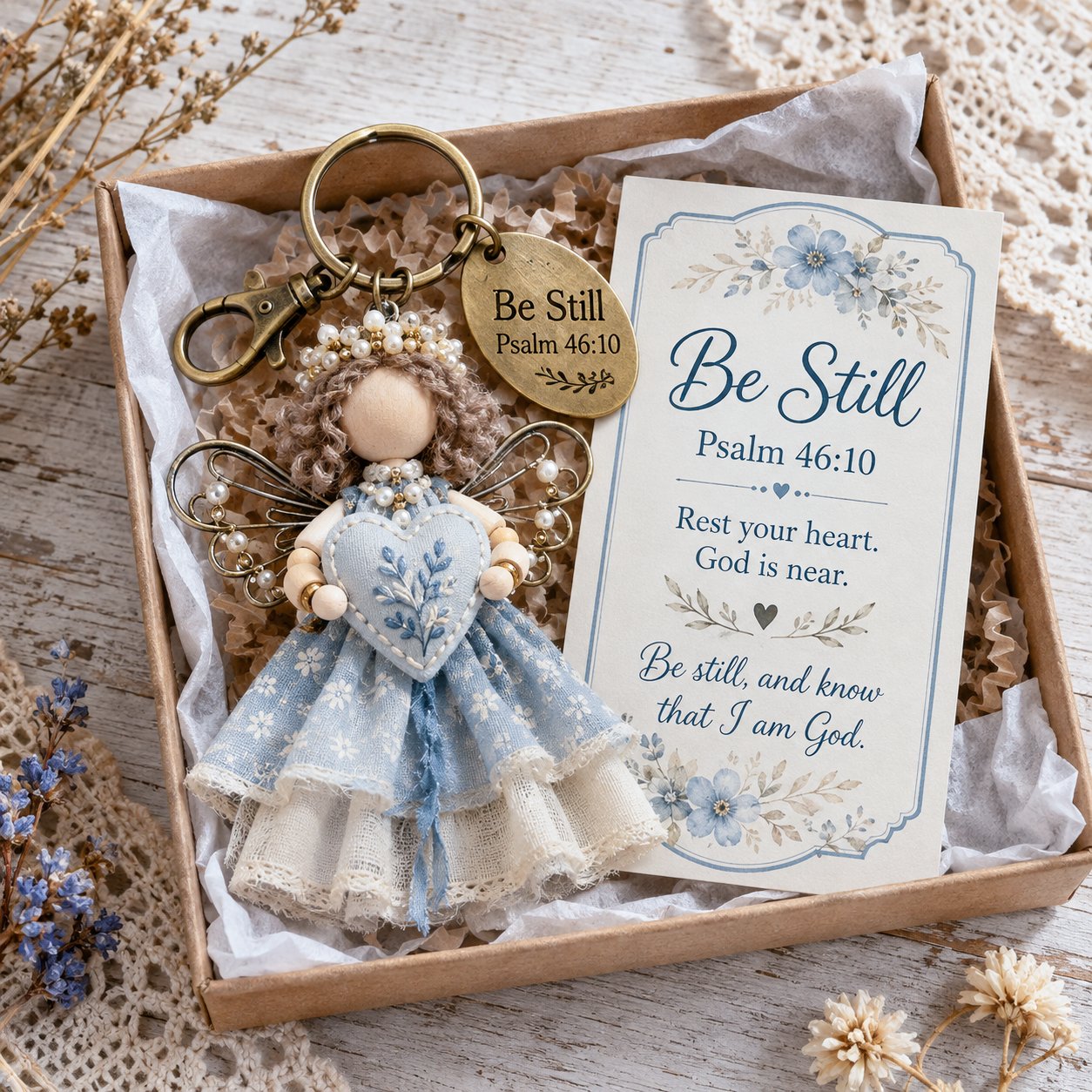 🪽 Faith Guardian Keychain Scripture Gift Set Collection | Layered Fabric Charm, Inspirational Scripture Card & Ready-to-Gift Box Included 💕