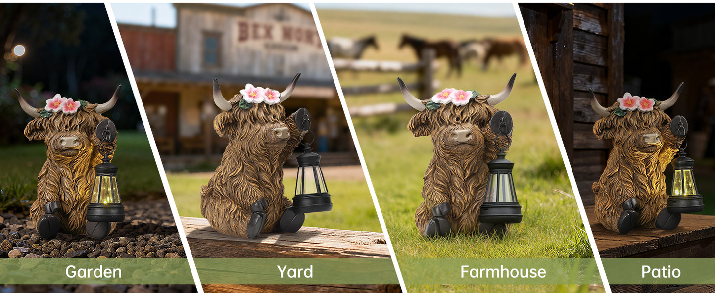 Scottish Fluffy Cow Solar Garden Lantern, Farmhouse Resin Sculpture with Amber LED, Weatherproof, Rustic Farm Decor Gift