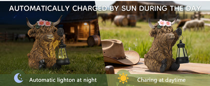 Scottish Fluffy Cow Solar Garden Lantern, Farmhouse Resin Sculpture with Amber LED, Weatherproof, Rustic Farm Decor Gift