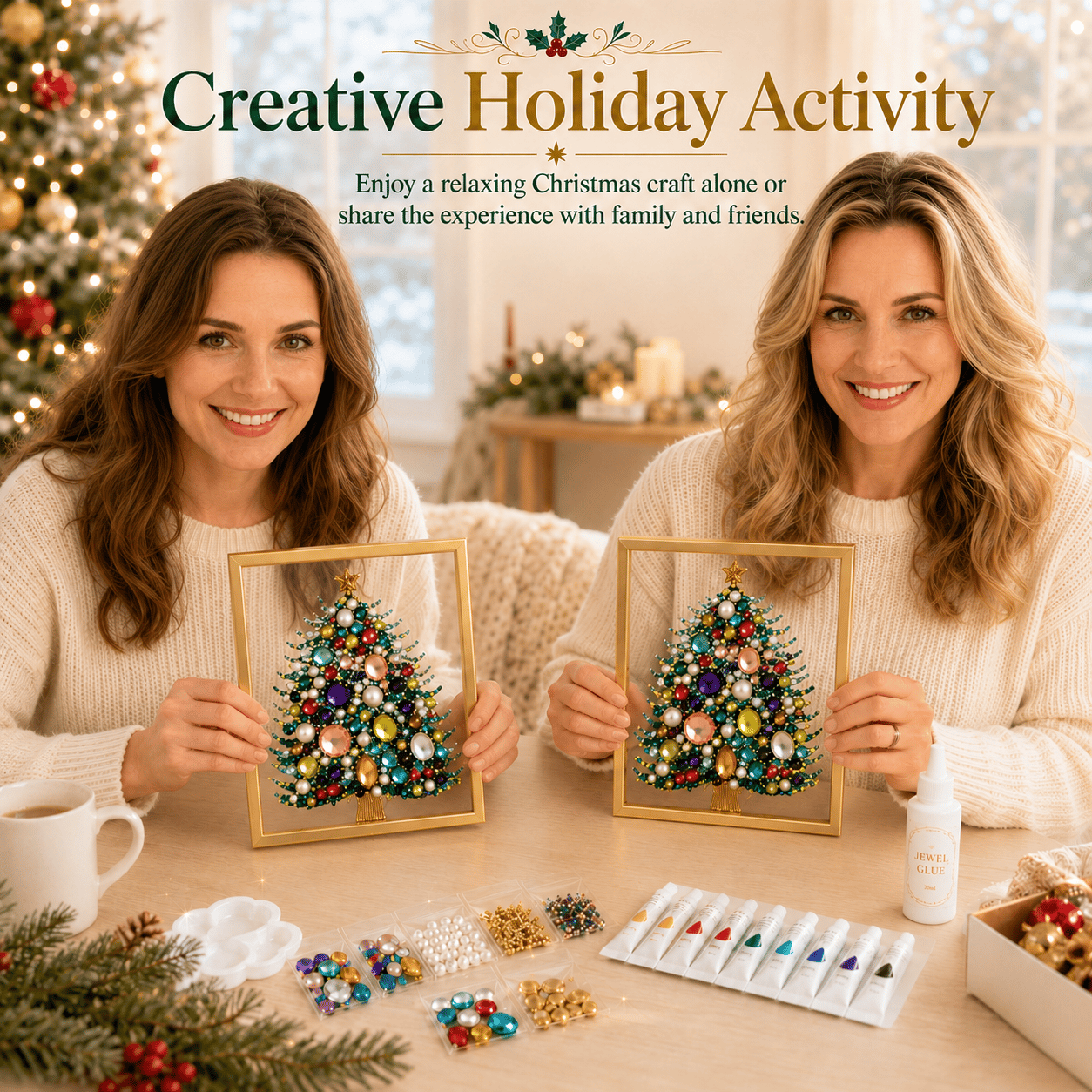 🎄 DIY Jeweled Christmas Tree Art Kit | Colorful Gems, Pearls, Paints & Gold-Tone Floating Display Frame 💎✨