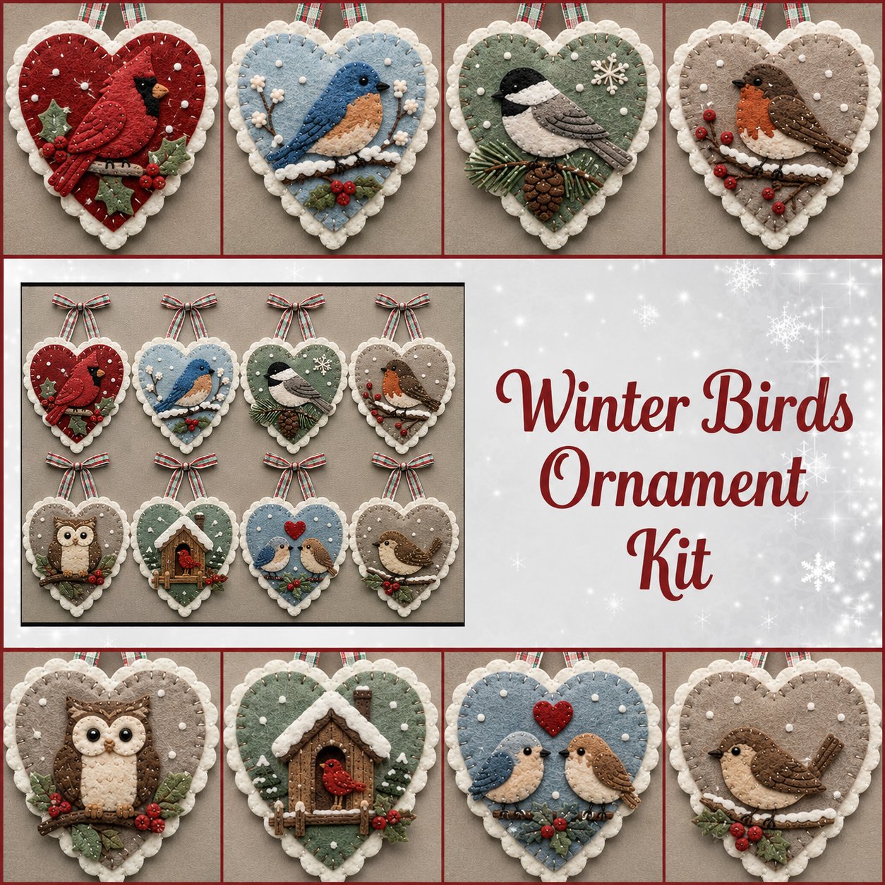 ⏳ Last Day 49% OFF – 🐦 Beginner-Friendly Winter Bird Felt Heart Ornament Sewing Kit Collection | Complete Kit with Pre-Cut Felt, Sewing Materials & Step-by-Step Guide Included 💕