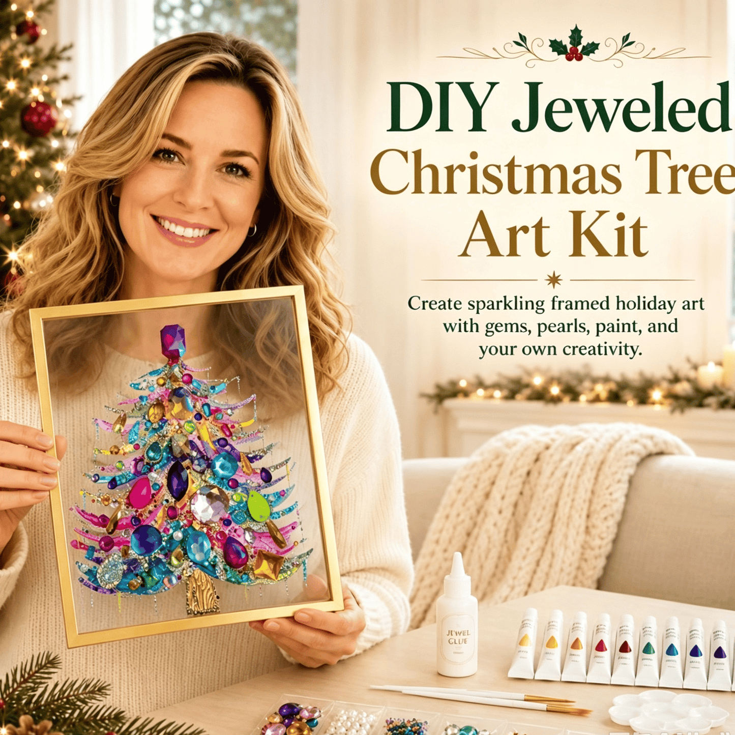 🎄 DIY Jeweled Christmas Tree Art Kit | Colorful Gems, Pearls, Paints & Gold-Tone Floating Display Frame 💎✨