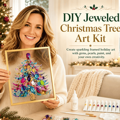 🎄 DIY Jeweled Christmas Tree Art Kit | Colorful Gems, Pearls, Paints & Gold-Tone Floating Display Frame 💎✨