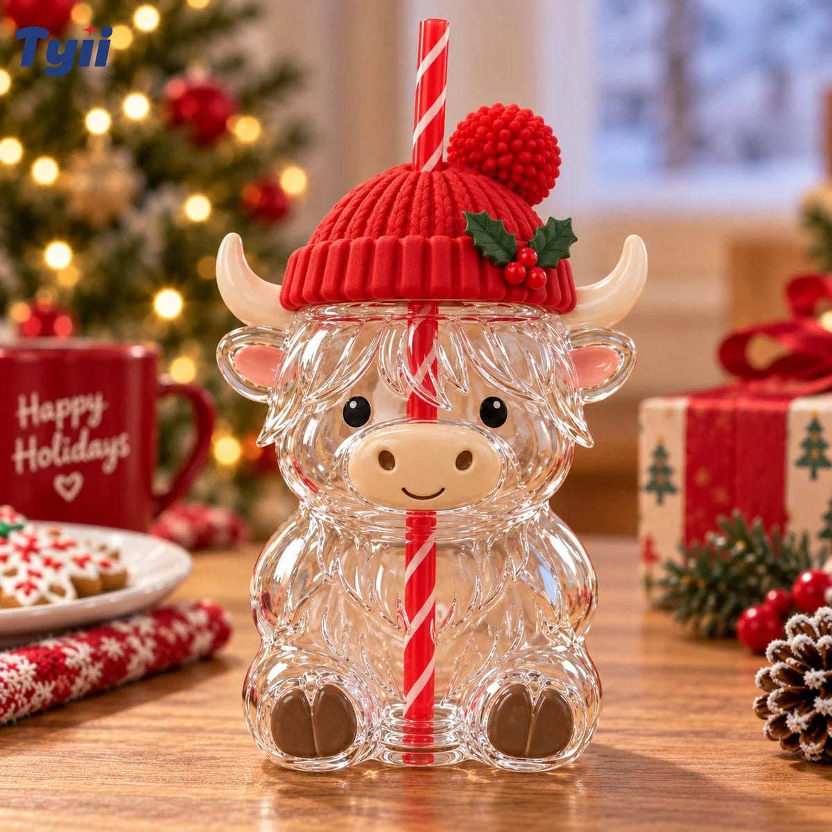 ❤️Highland Cow Christmas Glass Cup with Straw – Cute Holiday Tumbler Gift