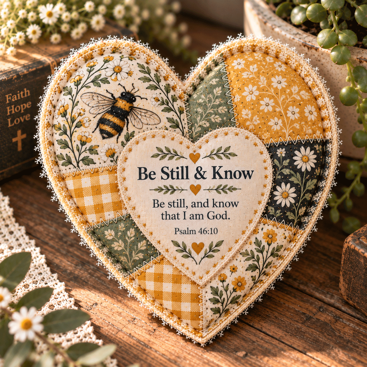 ❤️ Faith & Comfort Patchwork Heart Decor – Scripture-Inspired Keepsake