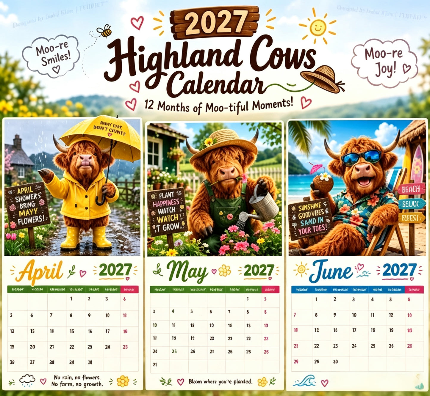 2027 Funny Highland Cows Wall Calendar A4 Hanging Calendar