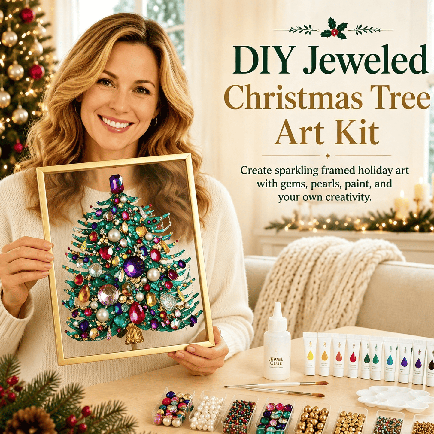 🎄 DIY Jeweled Christmas Tree Art Kit | Colorful Gems, Pearls, Paints & Gold-Tone Floating Display Frame 💎✨