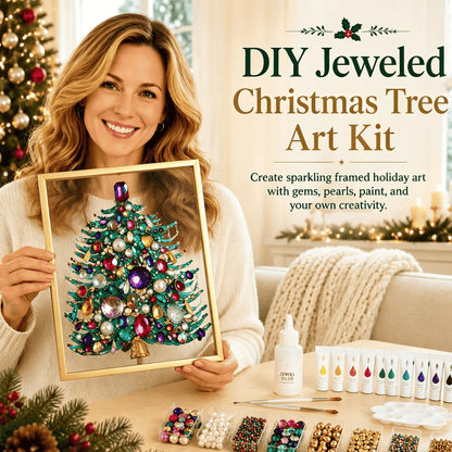 🎄 DIY Jeweled Christmas Tree Art Kit | Colorful Gems, Pearls, Paints & Gold-Tone Floating Display Frame 💎✨