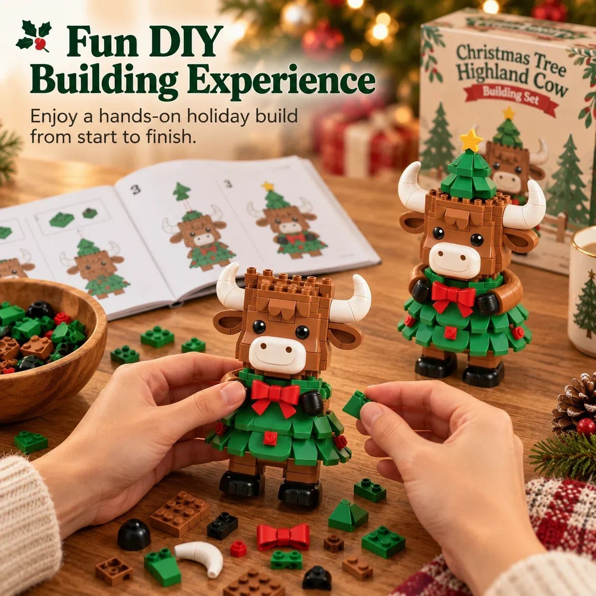 Christmas Tree Highland Cow Building Set – Festive DIY Block Toy & Holiday Display Decor
