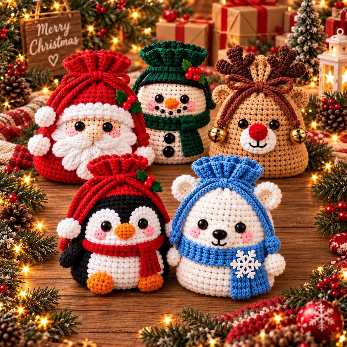 🎄 Christmas Crochet Character Gift Pouch | Reusable Drawstring Gift Bag — 12 Festive Designs