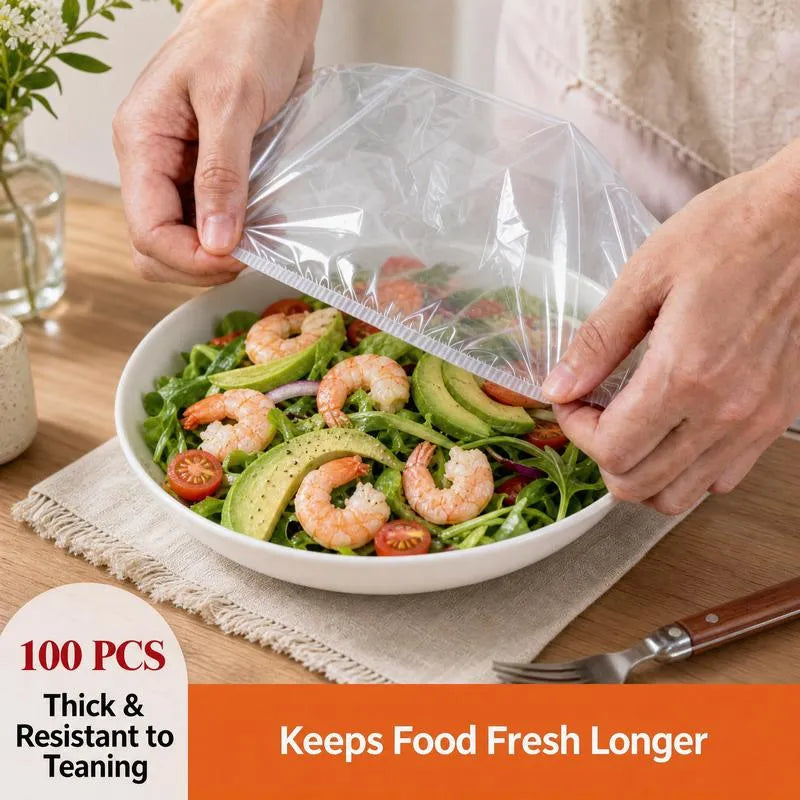 🔥100Pcs Medium Reusable Elastic Plastic Bowl Covers - Kitchen Bread Proofing,
