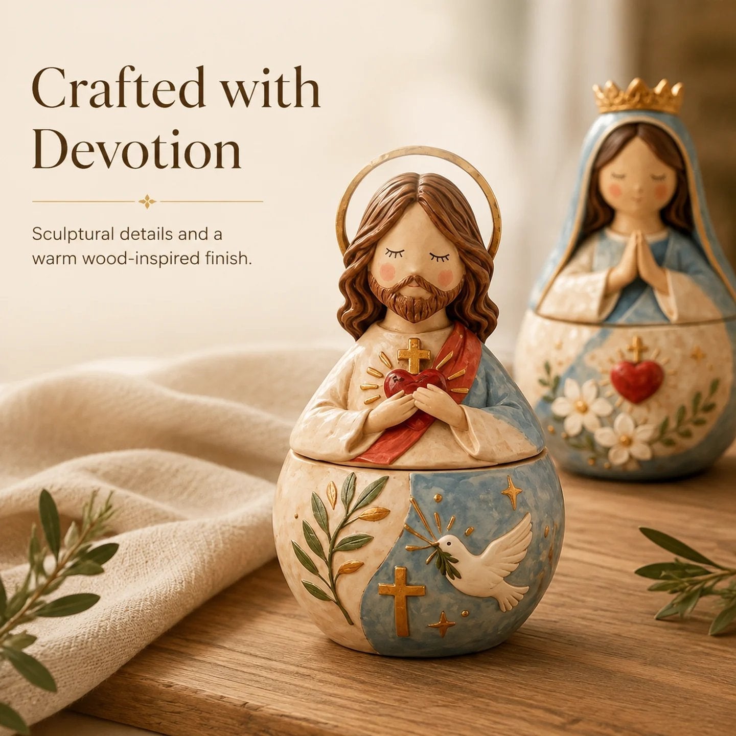 🌟 Divine Grace Collection: Hand-Painted Sacred Heart Jesus & Blessed Mary Keepsake Box