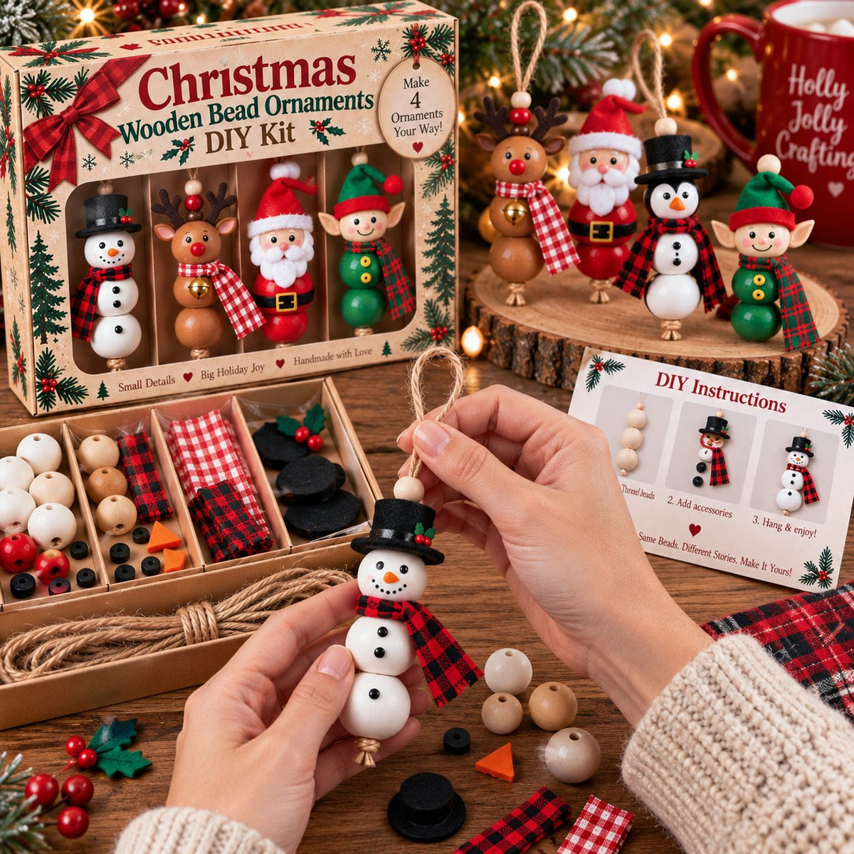 🎄 Christmas Wooden Bead Ornament DIY Kit – Set of 4