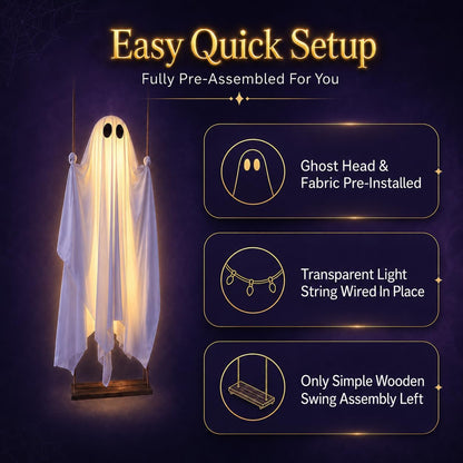 🎃5FT Halloween Decorations Outdoor - Large Hanging Ghost Swing with Remote Control String Lights & Upgraded Sheet, Scary Ghost Halloween Party Decor Outside for Tree Porch Yard Garden Lawn 👻✨