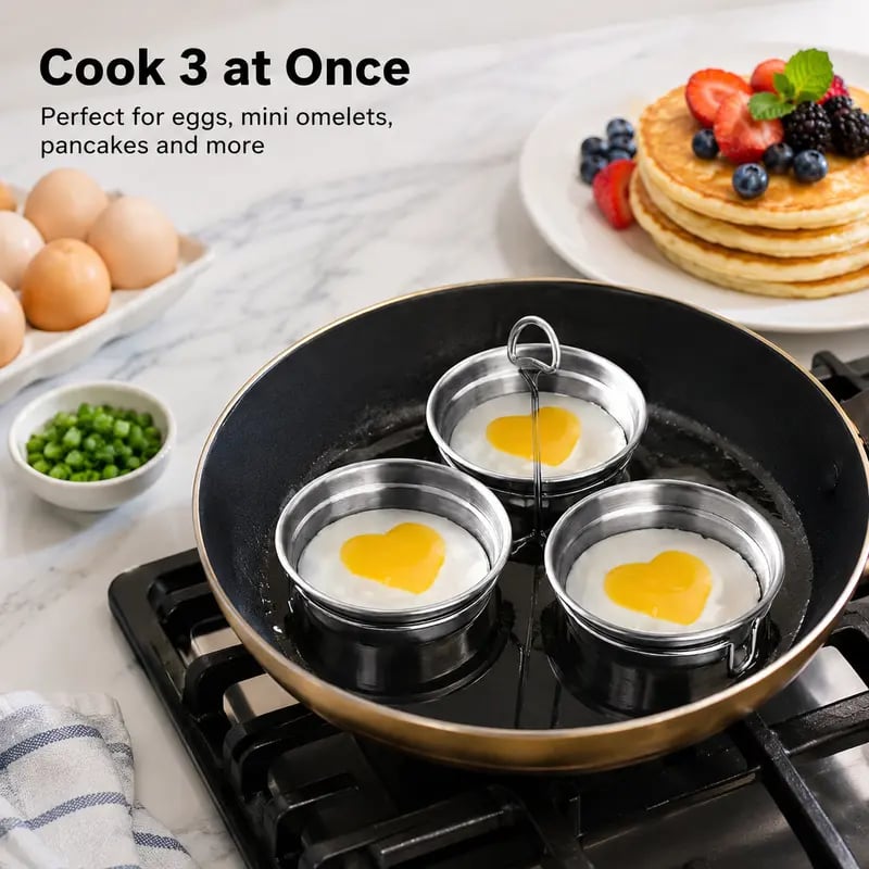 3-Cup Stainless Steel Egg Poacher, 3 Cavity Egg Steamer Mold with Handle, Reusable Egg Poaching Cups for Poached Eggs, Steamed Eggs, Breakfast & Dessert Making