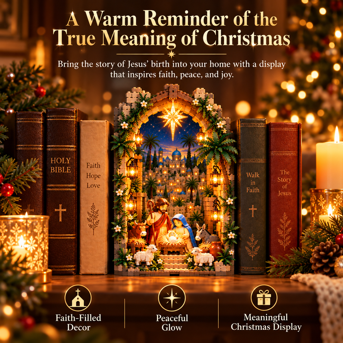 ✨ Lighted Bethlehem Nativity Book Nook – Christmas Building Block Display of Faith