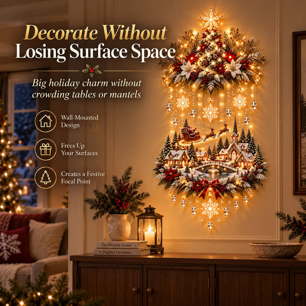 🎄 Illuminated Christmas Tree & Village Wall Hanging | Cascading Warm Lights for Living Rooms, Entryways & Staircases ✨