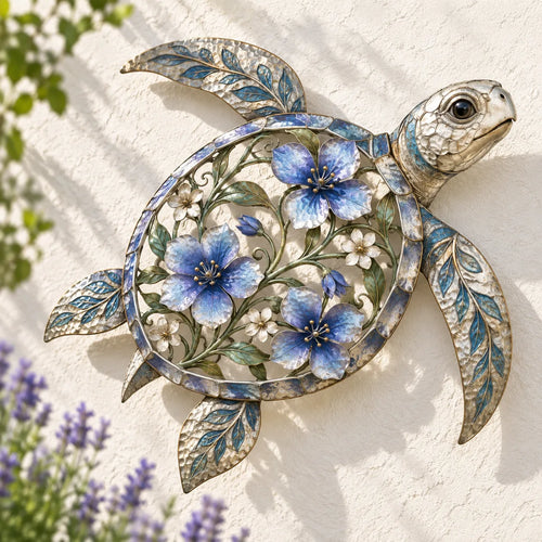 🐢3D Sea Turtle Wall Sculpture — Enameled Floral Coastal Art with Textured Metal Scales | Indoor & Outdoor Ocean Decor for Porch, Patio & Garden